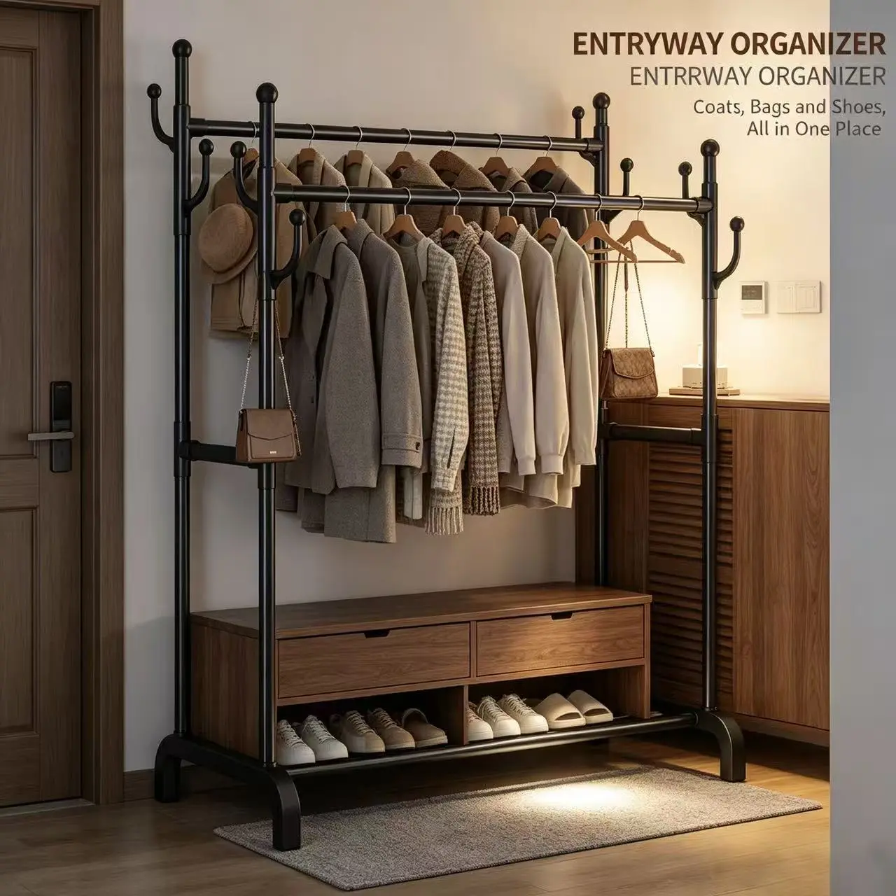 Double Rod Garment Rack - Freestanding Clothing Hanging Rack with Side Hooks, Bottom Storage Shelf, Heavy-Duty Open Wardrobe for Bedroom, Entryway