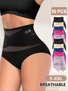Women's High-Waisted Underwear Set, Breathable Mesh Cross Design Ice Silk Seamless Triangle Panties, Comfortable Fit Daily Wear Womenswear