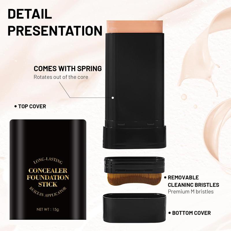 Luminous Dual-Ended Concealer Foundation Stick with Built-in Brushes  24H Long-Lasting Waterproof Sweatproof One-Swipe Even Flawless Base Clear Radiant Skin Foundation Stick