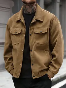Men's Corduroy Work Jacket with Multiple Pockets, Casual Long Sleeve Button Collar, Polyester Fabric, Workwear Jackets