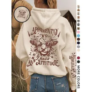 Women's cow print warm hooded sweatshirt, fashionable casual letter pattern hooded sweatshirt, suitable for daily vacation outdoor wear, autumn and winter women's clothingRAIMENTRY