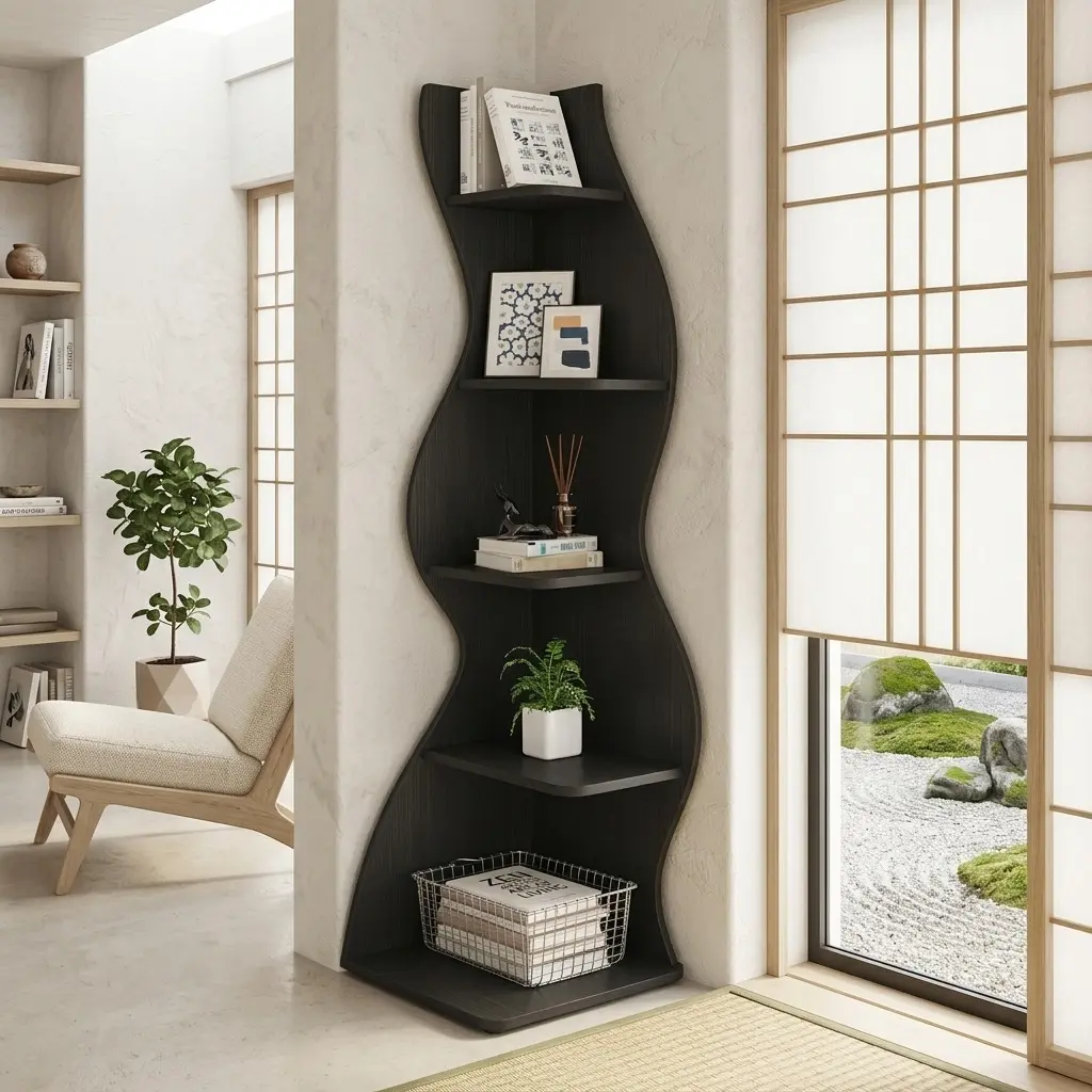 70-Inch 5-Tier Irregular Corner Shelf - Waterproof Durable Composite Wood Floor-Mount Load-Bearing Organiser, Modern Design Style Display Shelves for Living Room, Home Office, Easy Installation Furniture