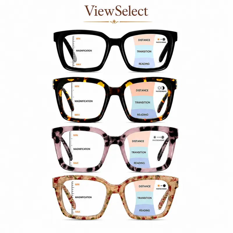 ViewSelect Oversized Square Progressive Reading Glasses - Blue Light Blocking Multi-Pack Readers with Pads, Spring Hinge, Lightweight Anti-Glare Daily Computer Eyeglasses for Women & Men