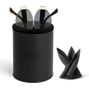 Leather Eyeglasses Holder for Desk or Nightstand, Glasses Stand Case, Anti-scratch Glasses Storage Organizer, Eyeglass Holder Stands with Soft Plush Lining (Black)