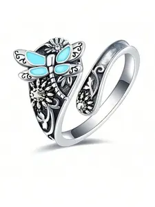 Retro Bohemian Dragonfly Ring Adjustable Spoon Shape with Turquoise Dripping Glaze Wings Floral Engraving for Women's Party Gift Everyday Wear