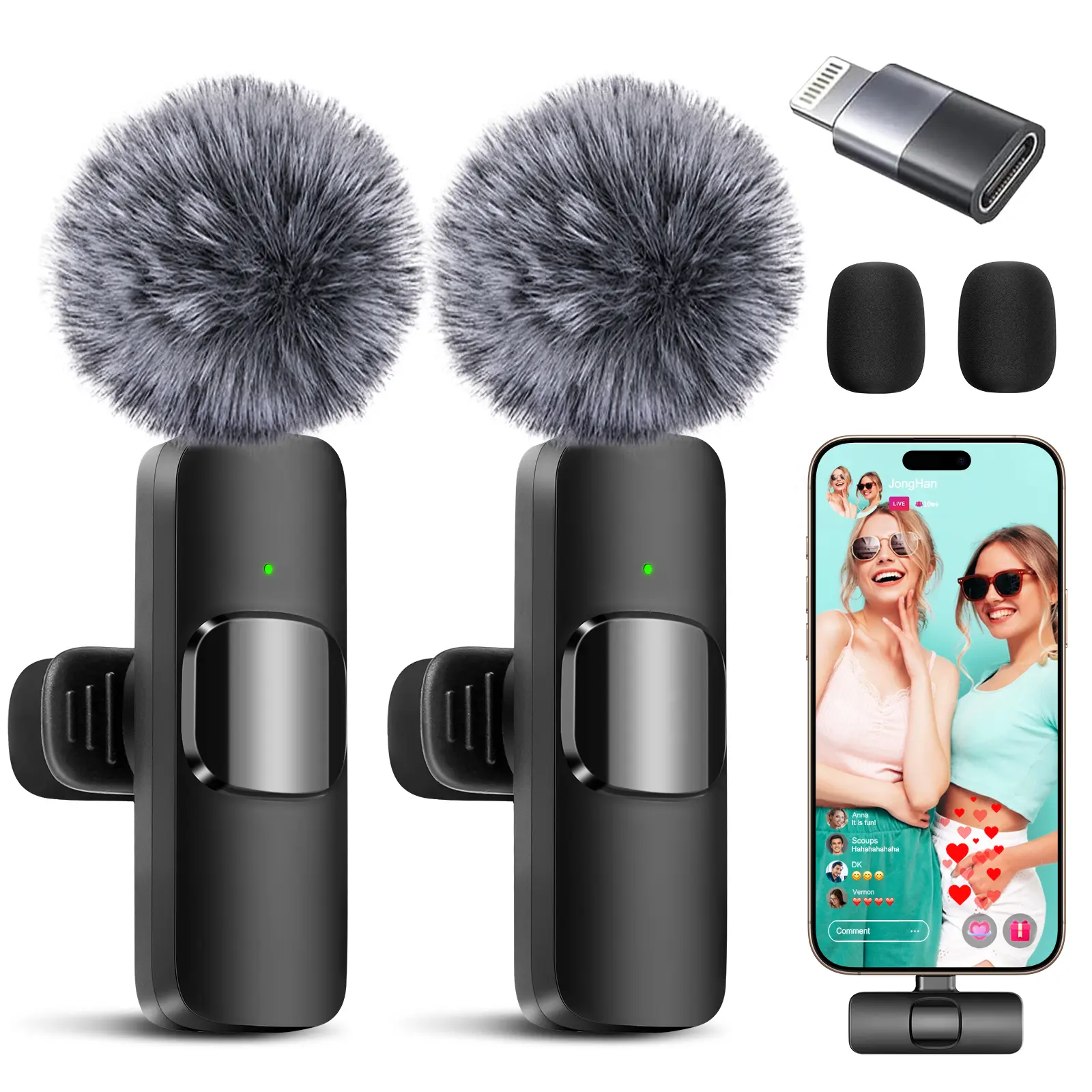 2 pcs Wireless Lavalier Microphones for iPhone, Android, iPad - Mini Wireless Clip-on Microphones Crystal Clear Sound Quality for Recording, Live Streaming,Vlog Audio Smartphone wireless microphone phone accessories content creator kit