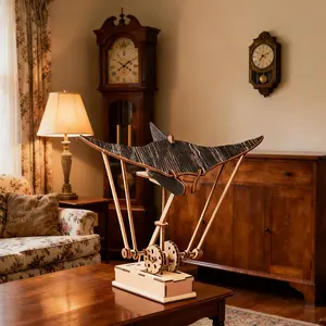 【Need AA Battery】Electric Manta Ray Ornament Handmade Wooden Miniature Figurine Motorized Swimming Motion Retro Home Desktop Decoration