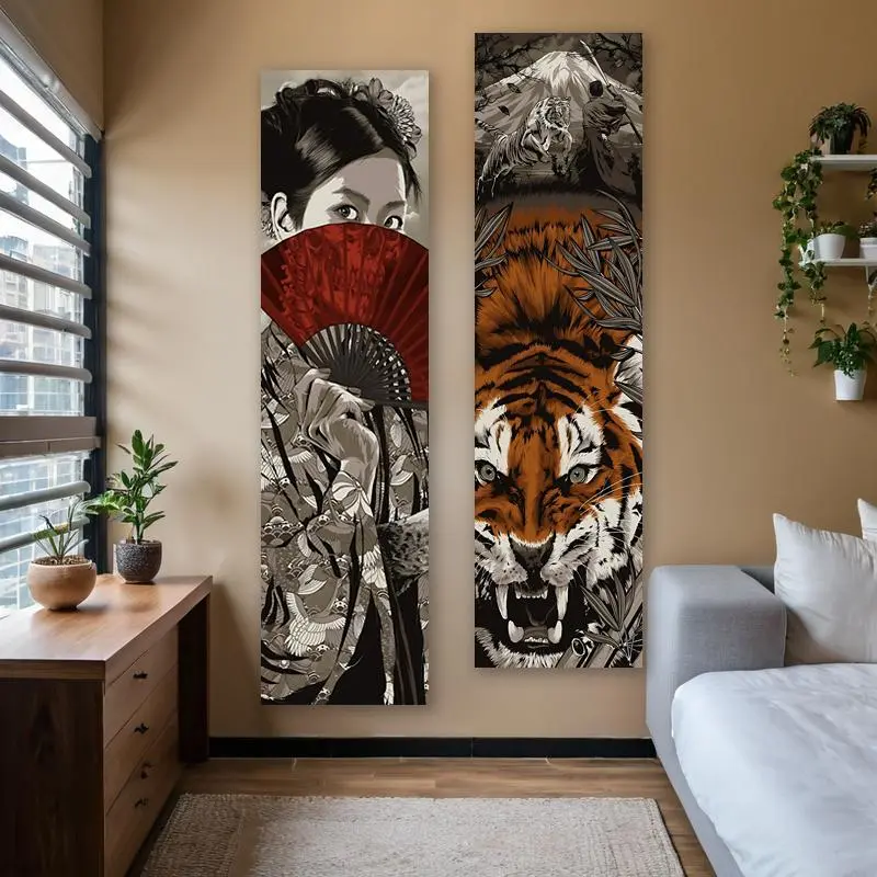 Japanese Style Scenery Vertical Banner Decorative Tapestry, 2 Counts/set Tiger and Mount Fuji Landscape Long Narrow Tapestry, Wall Hanging Traditional Japanese Aesthetic Art Tapestries, Decor