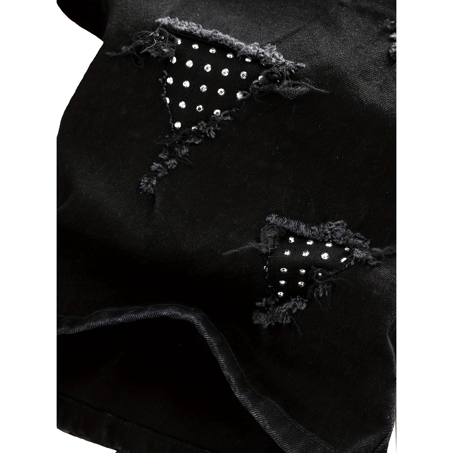 Men’s summer straight-leg black printed distressed ripped denim shorts — European/American fashion trend