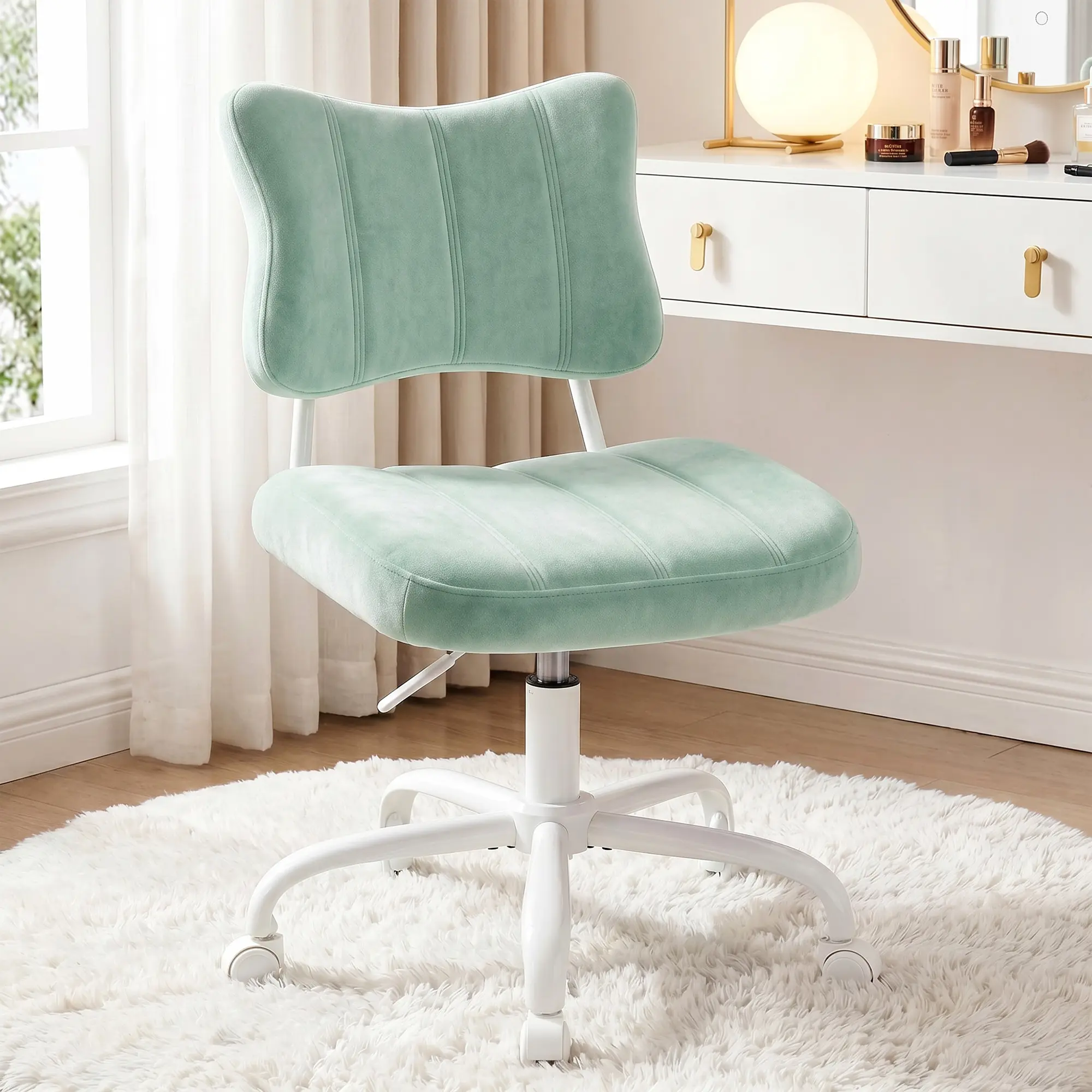 Raybee Vanity Chair with Butterfly-Shaped Back & 17.7" Wide Seat,Cute Adjustable Height Armless Office Desk Chair.360°Swivel Comfy Rolling Chair for Make-up Room, Bedroom, Dorm, Small Space,Girls Gift, Sage Green