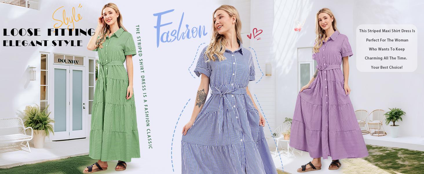Ebossy Womens Casual Short Sleeve Button Down Tie Waist Ruffled Striped Maxi Shirt Dress Ebossy Womens Casual Short Sleeve Button Down Tie Waist Ruffled Striped Maxi Shirt Dress