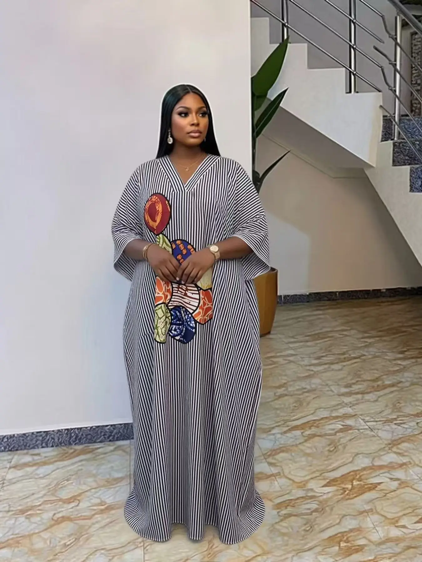 Women's Fashion Dress, Striped Print V-Neck, Plus Size, Casual Daily Wear, Ethnic Boubou Kaftan, Summer Comfort, Party Beach Vacation, Chic, Casual Dresses