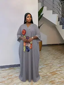 African Style Women's Dress, Striped Print V-Neck, Plus Size, Casual Daily Wear, Loose Fit, Ethnic Boubou, African Bubu Dress, Kaftan, Nigerian Traditional Robe, Summer Comfortable Elegant Party Beach Vacation Blue Dress