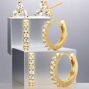 3-Pair Women's Small Hoop Earrings Set, Diamond Shamrock Stud Huggie Cartilage Earrings for Multiple Piercings, Trendy St. Patrick's Day Holiday Jewelry Gifts