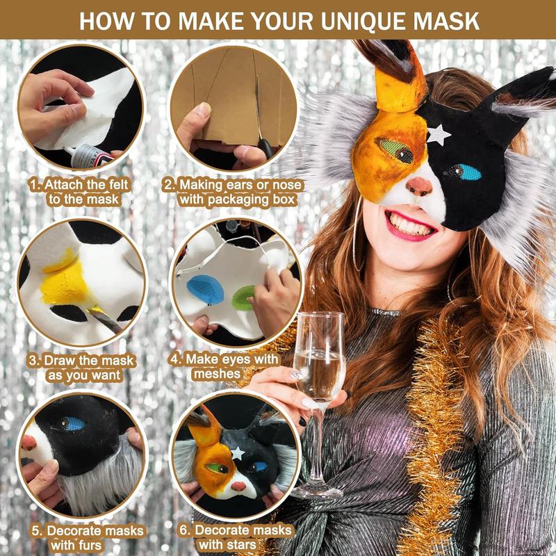 Cat Fox Therian Masks 42PCS with Felt Furs Eye Meshes and Stars, Costume Furry Masks to Paint, Animal Mask Arts Crafts Kit, Dress Up DIY for Halloween Christmas Cosplay Party Interaction