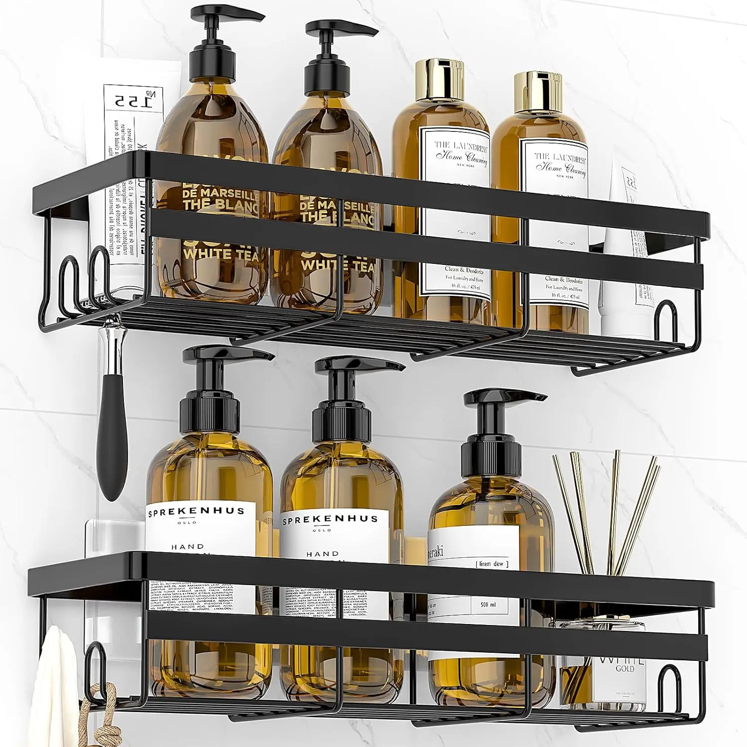 Adhesive Shower Caddies 2 Pack - Hanging Shower Storage Shelf - Bathroom Organizers, No Drilling Stainless Shelves for Bathroom Decor and Daily Accessories
