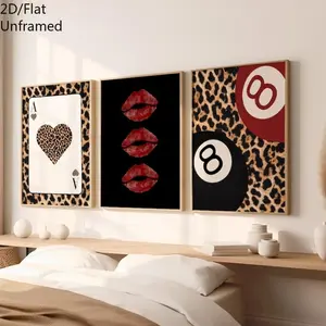 2D/Flat Set of Three Black and Red Panther Wall Art Canvas Painting Posters, Ace Cards Leopard Cheetah Print Prints, Kissing Lips Poster, 8 Ball Print, 20th Century Aesthetic, Living Room Bedroom Modern Home Decor Painting, Without Frame