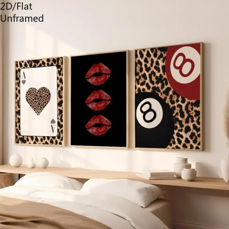 2D/Flat Set of Three Black and Red Panther Wall Art Canvas Painting Posters, Art Work For Wall Decor, Ace Cards Animal Print Leopard Cheetah Print Prints, 20th Century Aesthetic, Living Room Bedroom Modern Home Decor Painting, Without Frame