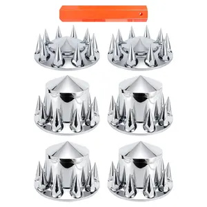 Semi Truck Axle Cover Kit 2+4 Set with 33mm Push-On Lug Nut Covers, Chrome ABS Plastic Front & Rear Wheel Covers, Spiked Design