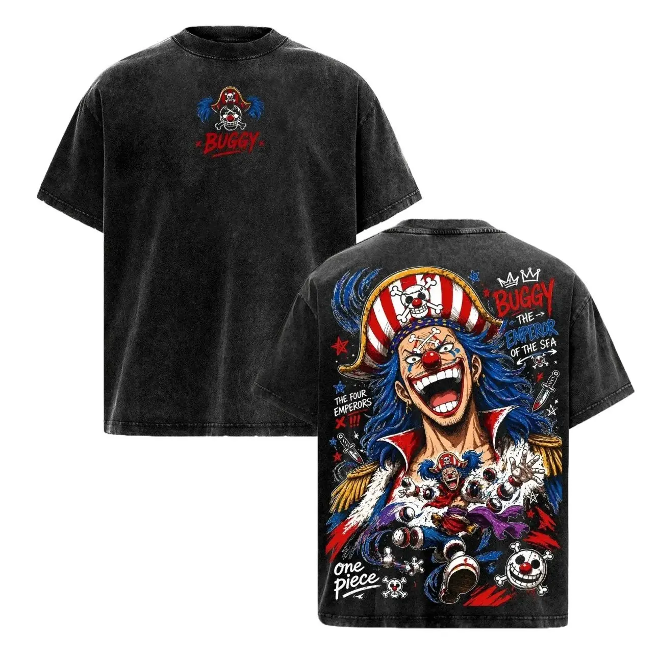 Buggy One Piece Vintage Washed Tee Emperor of the Sea Yonko Anime Shirt Manga Graphic Oversized Unisex 37B