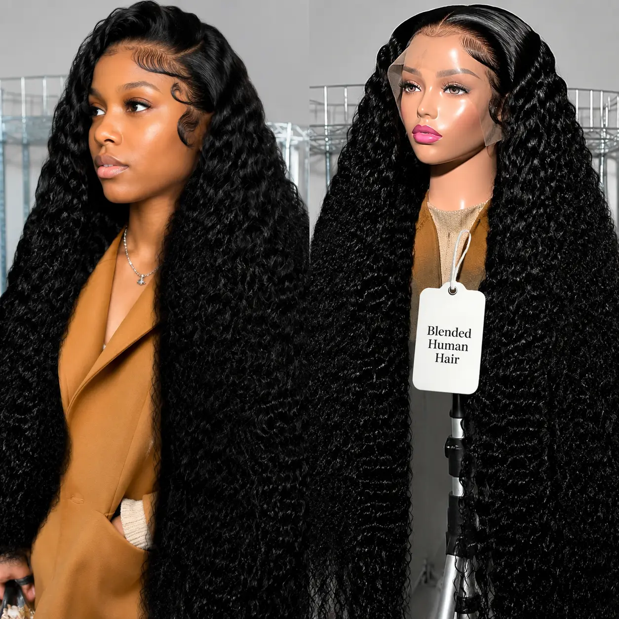 34 Inch Deep Wave Lace Front Wigs Blended Human Hair 180% Density 13x4 HD Lace Front Wigs Hair Pre Plucked Deep Curly Wig for Women Natural Black