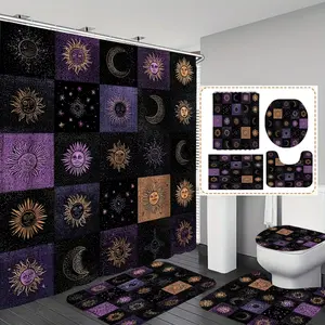 1pc/4pc Sun Moon Totem  printed shower curtain, shower curtain set with 12 hooks. The shower curtain set includes a bath mat, U-shaped floor mat, toilet seat cushion, bathroom accessories and Room Decor