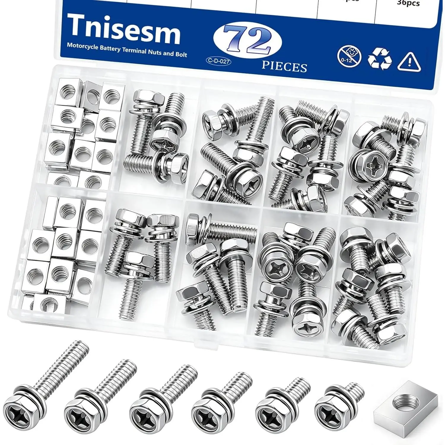 72-Piece M6 Battery Terminal Bolt and Nut Kit, 304 Stainless Steel Assortment (10/12/16/18/20mm) for Motorcycle, ATV, Scooter, 72 Pieces, Atv Bike Motorcycle Scooter, M6 Size, Battery Terminal Bolts And Nuts, M6x10/12/16/18/20Mm, Assorted Sizes, Square Nu