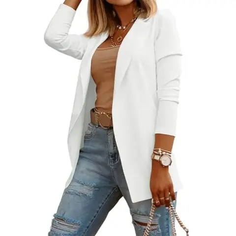 Goranbon Women's Basic Solid Knit Blazer - Fitted Long-Sleeve, Open Front/Button Down Casual Office Cardigan, Essential Work Wear for Women, Pair with Jeans & Leggings