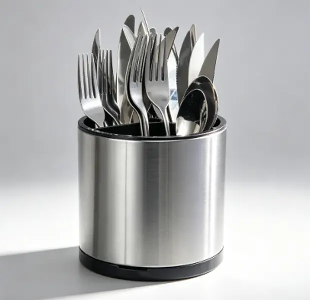 Stainless Steel Kitchenware Storage Holder - 360° Rotating Durable Divided Slots Rack for Countertop, Tabletop Use, Holds Silverware, Spoons, Spatulas, Home Organizer