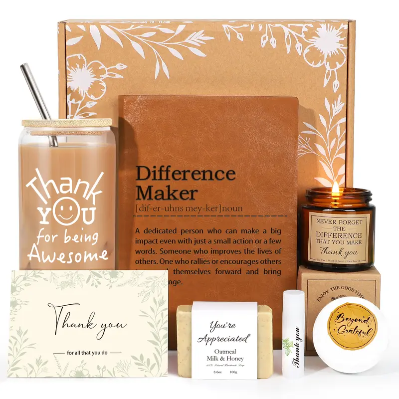 Unisex Difference Maker Leather Gift Set - 5.7"x8.26" Journal, 16oz Glass Cup, Handwritten Note Card in Birthday/Anniversary Gift Box for Coworkers, Home & Festive Party Supplies