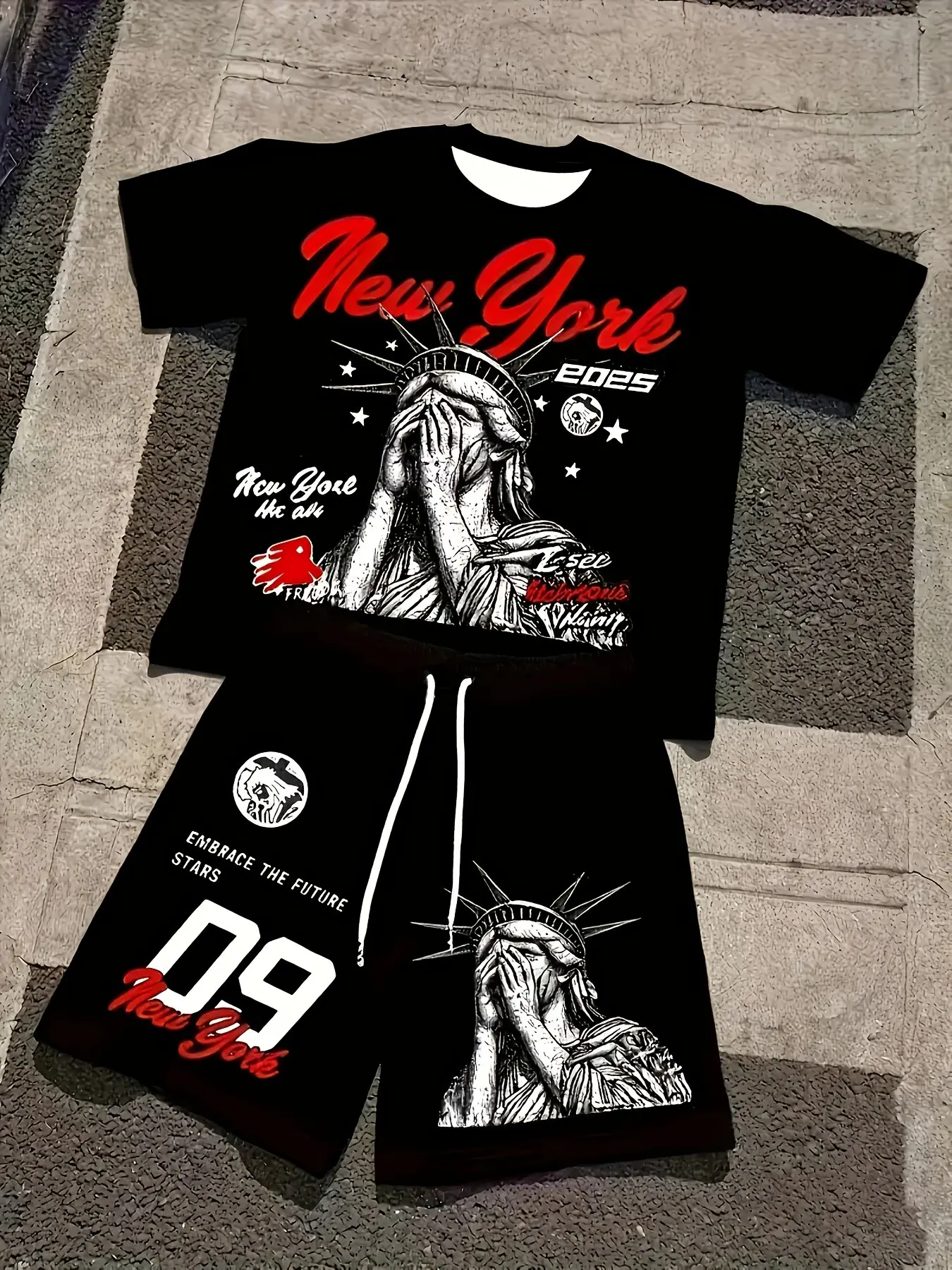 Men's 2-Piece Set New York Letter Print Round Neck T-Shirt and Shorts, Statue of Liberty 3D Print, Summer Street Style Casual Fashion Streetwear Graphic Tee Set
