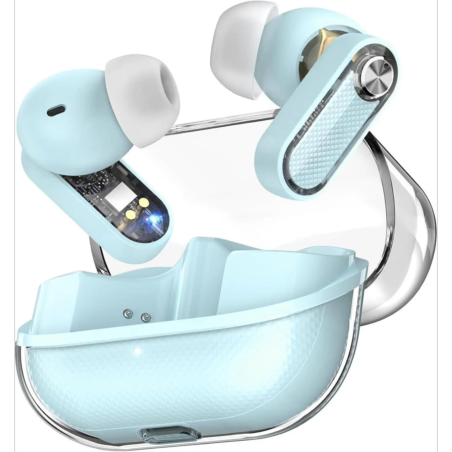 GJ P-HPS012 Custom In-Ear Crystal Pods Hybrid Active Noise Cancellation Wireless Earbuds, 10mm Drivers Deep Bass Stereo Audio, 4 Mics Smart ENC AI Calls, 32 EQ via App, Bluetooth 5.4, Transparent Crystal Case, Water Resistant, Fast Charging