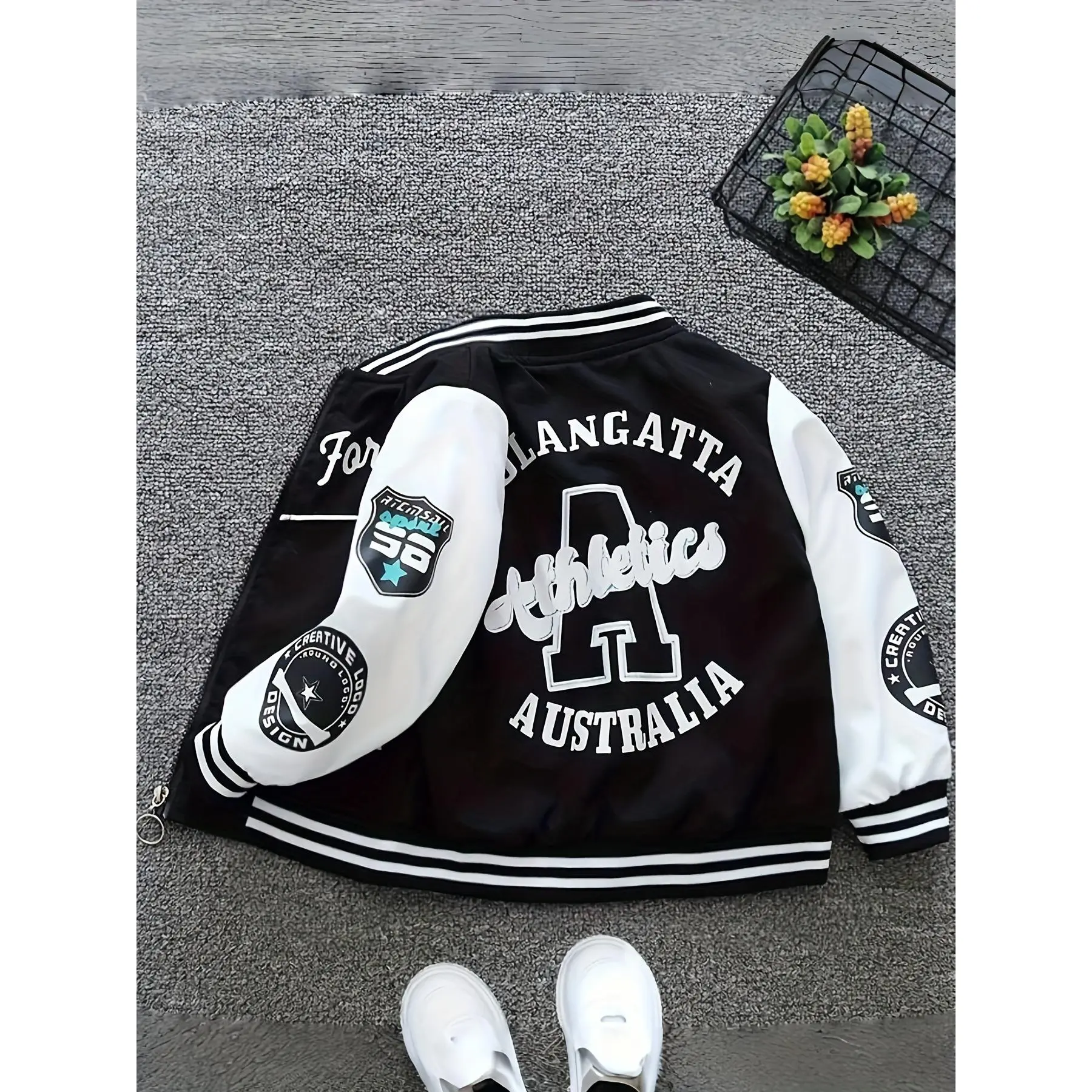 Boys' Casual Graphic Jacket in White & Black, Lightweight Polyester Zip-Up with Stand Collar for Spring Outdoor Play, Alphabets