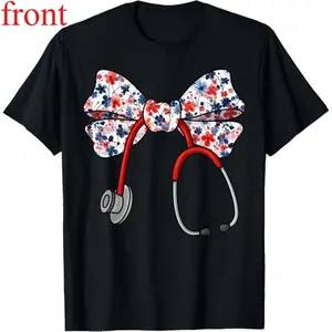 [100% Cotton] Thanksgiving Gift T-Shirt American Nurse  Patriotic USA Flag Bow T-Shirt Golf Gift T-Shirt For Men And Women