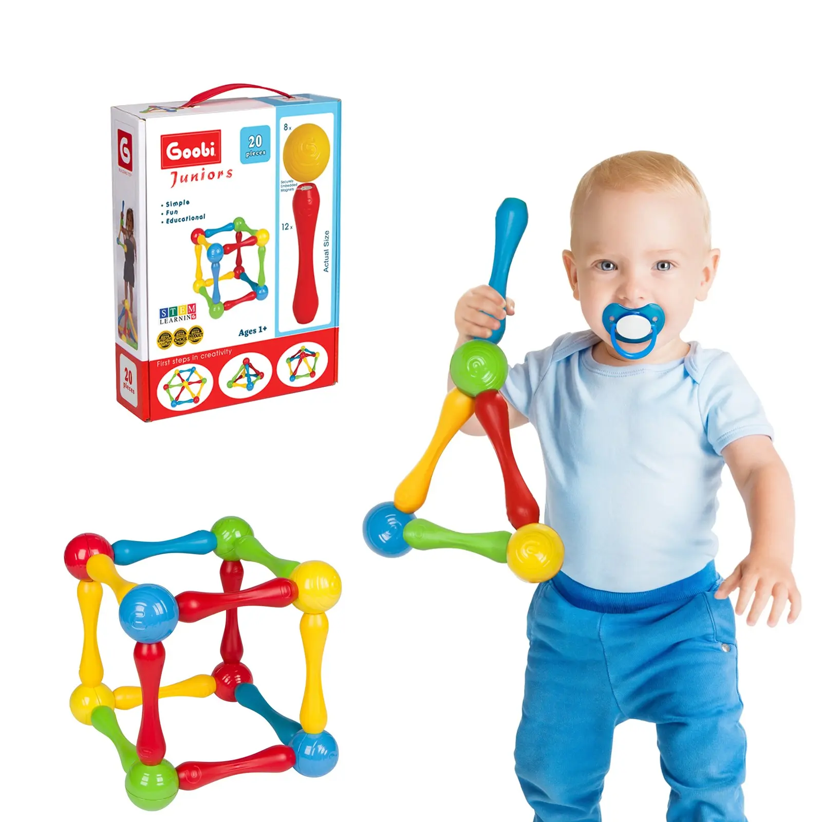 Goobi Juniors 20 Piece Magnetic Building Sticks and Balls Rods Toy Magnet Blocks Montessori Preschool Daycare Construction STEM Educational 3D Stacking Toys for 1 2 3 Year Old Toddlers Kids Boys Girls
