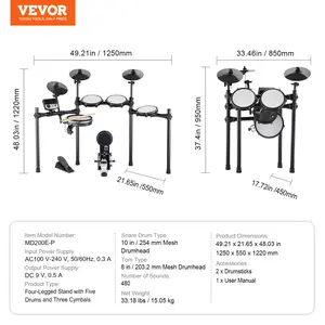 VEVOR Electric Drum Set, 32 Drum Kits 480 Sounds Electronic Drum Kit, USB MIDI Supported 10 in Quiet Mesh Snare Electric Drum Set with 10 in Cymbals Drum Sticks Pedals, for Beginners Adults