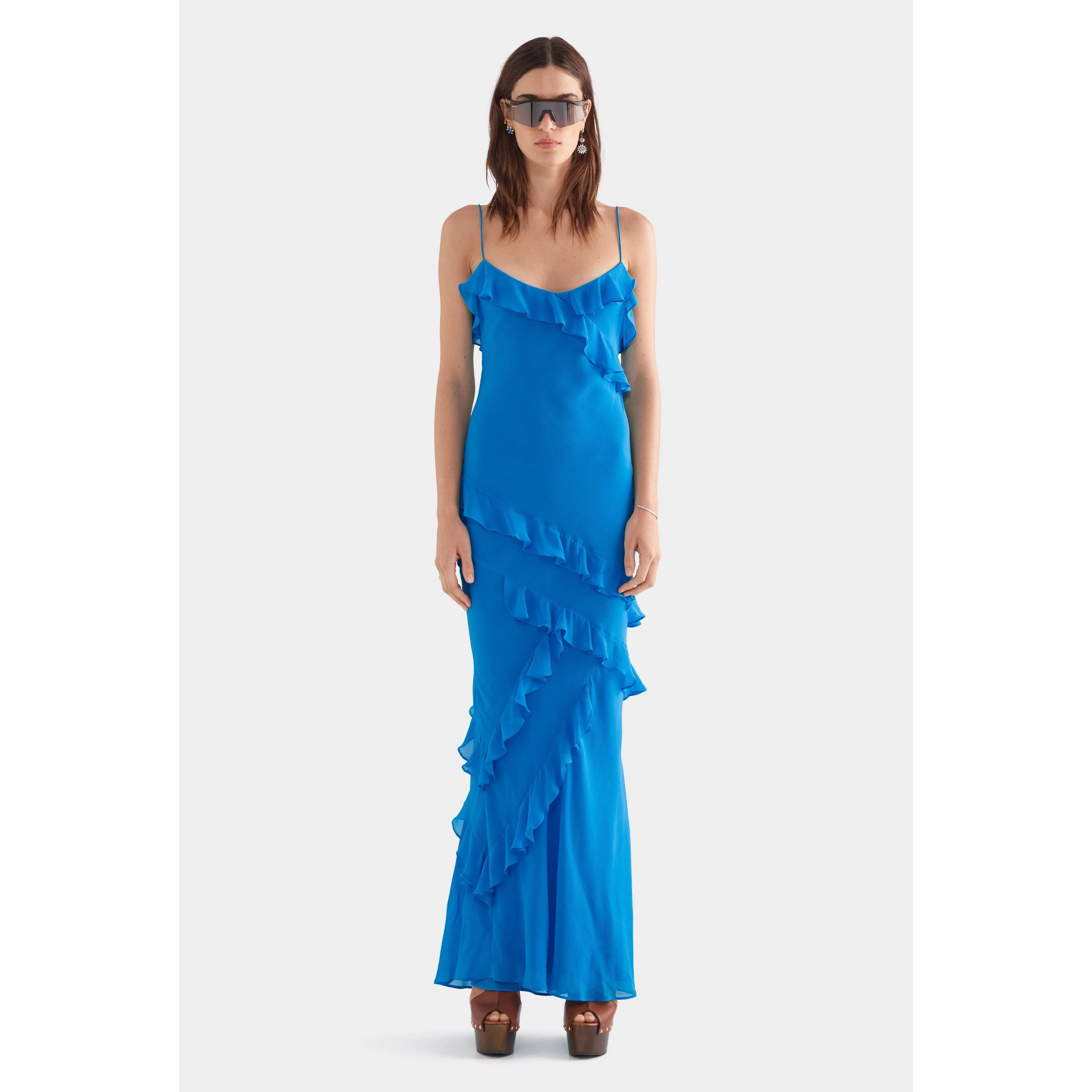 Silk Ruffle Slip Dress - Bright Blue