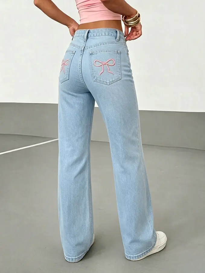 Women's Bowknot Embroidery Jeans High Waisted Straight Leg Stretchy Y2K Loose Wide Leg Denim Pants Sky Blue