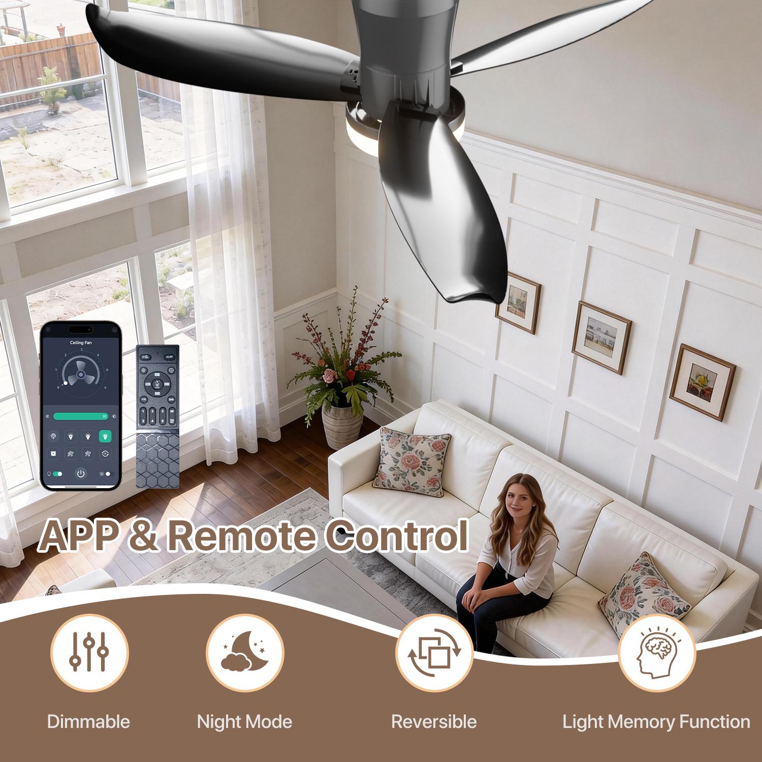 GALENTAL 42 Inch Smart Ceiling Fan with Light and Remote Control - 6 Speeds, Multi-function Ceiling Fan, Reversible, 1/2/4/8H Timer, 3 Color Temperatures, for Bedroom & Living Room