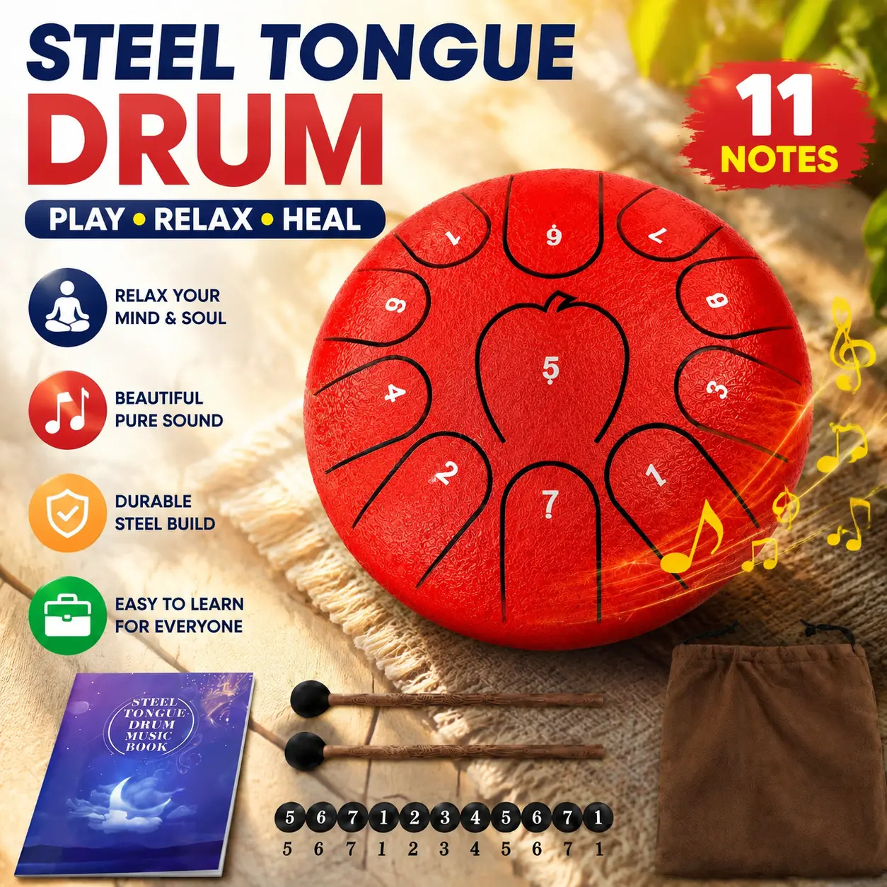 6 Inch 11 Note Steel Tongue Drum for Creative Inspiration - Unblock Writer’s Block & Boost Focus with Relaxing Sounds, Unique Instrument for Artists & Designers, with Bag & Mallets