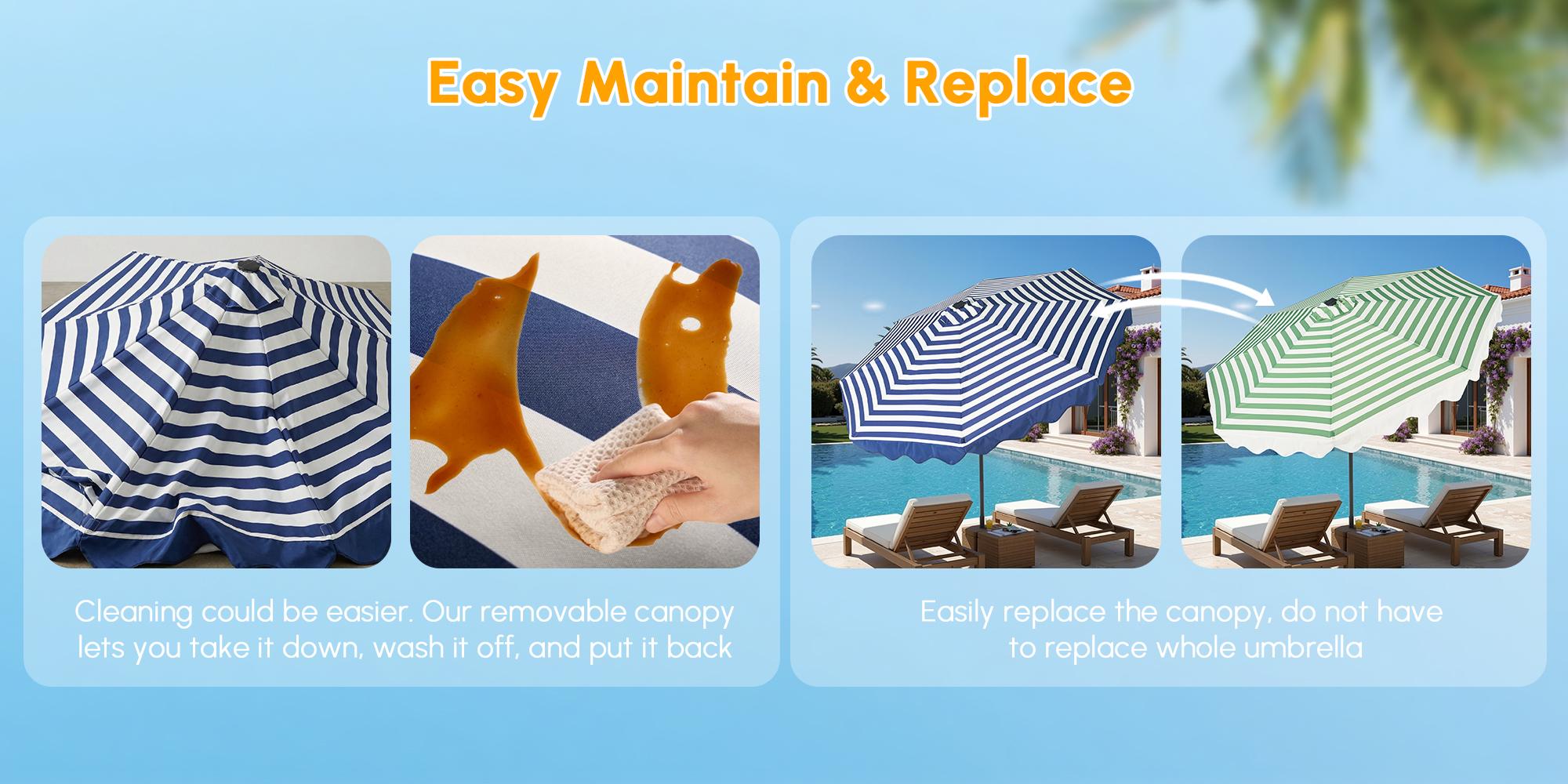 10Ft Classic MidCentury Scalloped Fringe Market Patio Umbrella with One Button Tilt, Handle Crank Solar powered Outdoor Parasols, Wind Vent and UV Protection for Garden Lofi Porch Pool, Premium