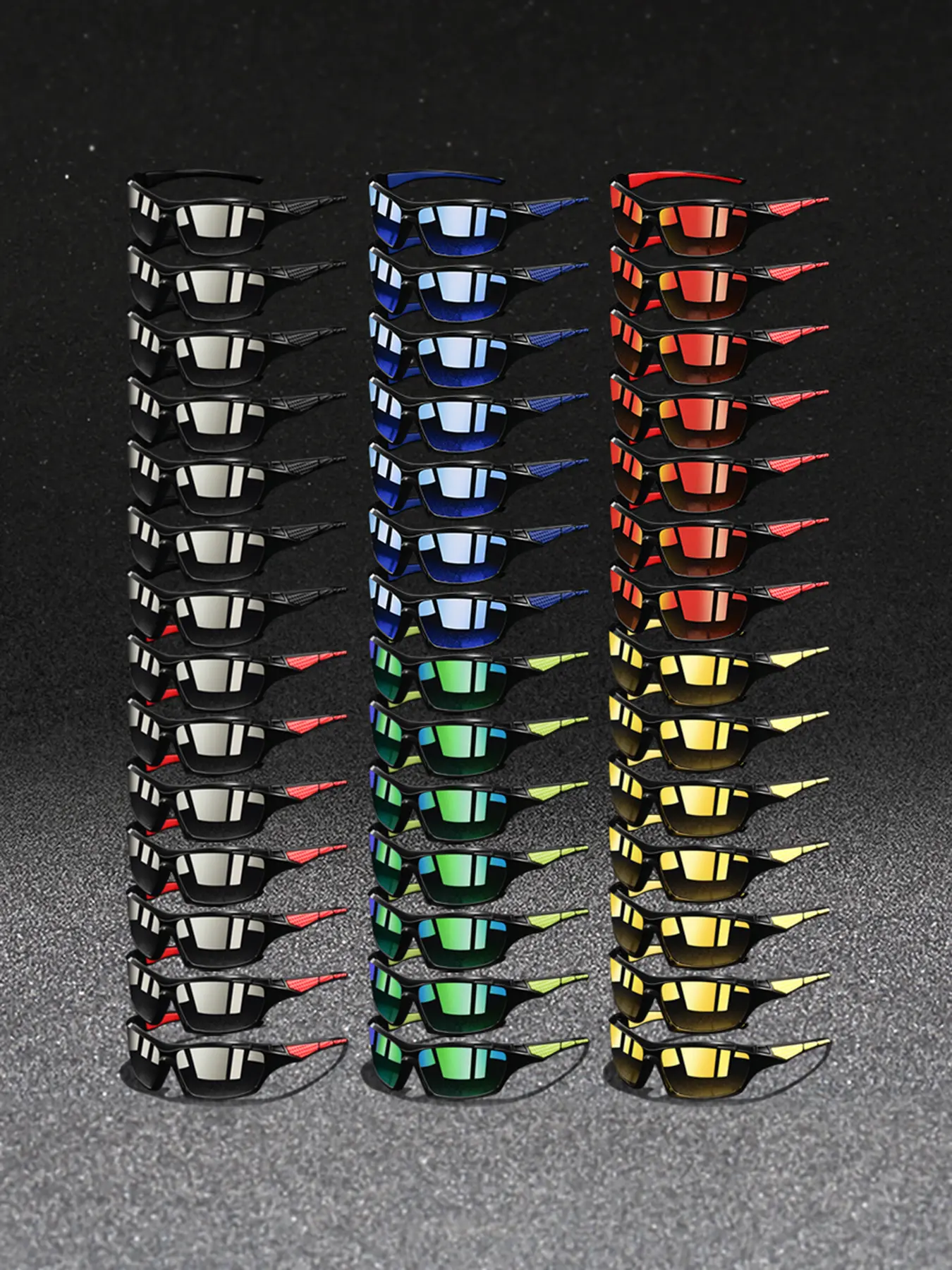 42pcs latest model square sports glasses,available in a variety of colors,suitable for both men and women.classic plaid splicing frame is paired collocation rubber nose pad,stylish comfortable design,suitable for various outdoor activities