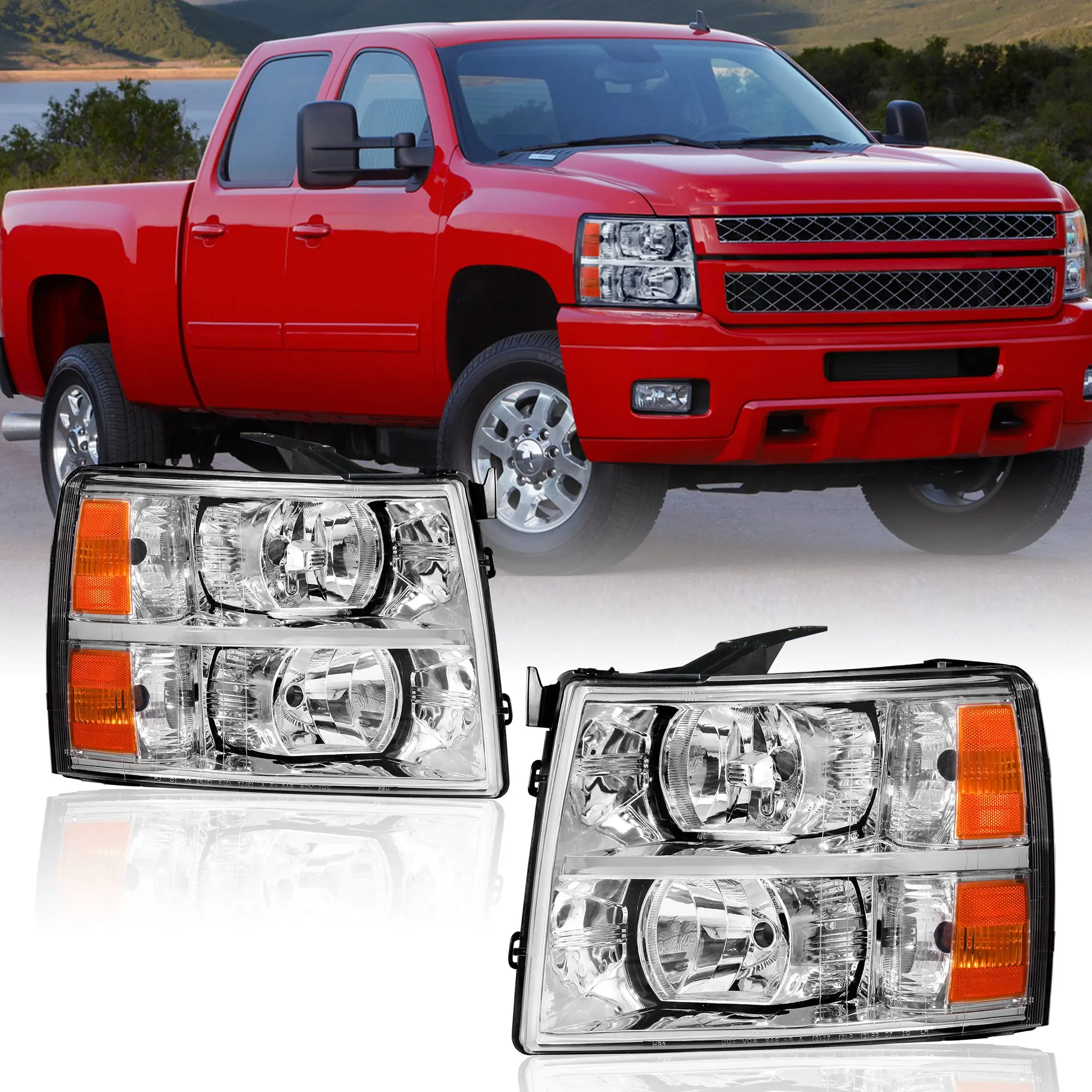 Headlight Assembly For 2007-2013 Silverado 1500 2500 3500 Front Lamp with Chrome Housing/Clear Lens/Amber Reflector Truck