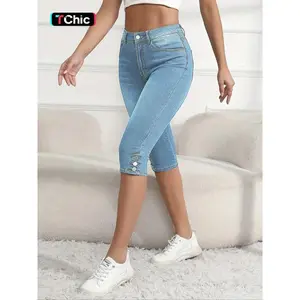Women's Plain Button Pocket Capri Denim Pants, Casual Comfy Skinny Capri Jeans for Daily Wear, Capri Pants, Ladies Bottoms for Summer, Womenswear