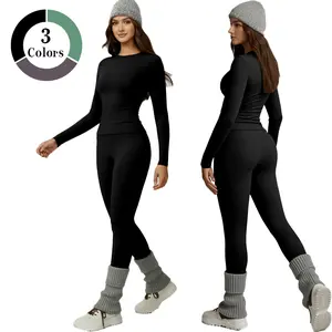 Long Sleeve Workout Tops for Women's 2 Piece Outfits Ribbed Set Fitted T-shirt High Waist Elastic Leggins Casual Matching Womenswear Basic Leggings Overalls Soft Double Lined Fabric 3 Color Options Jumpsuits Jumpsuits