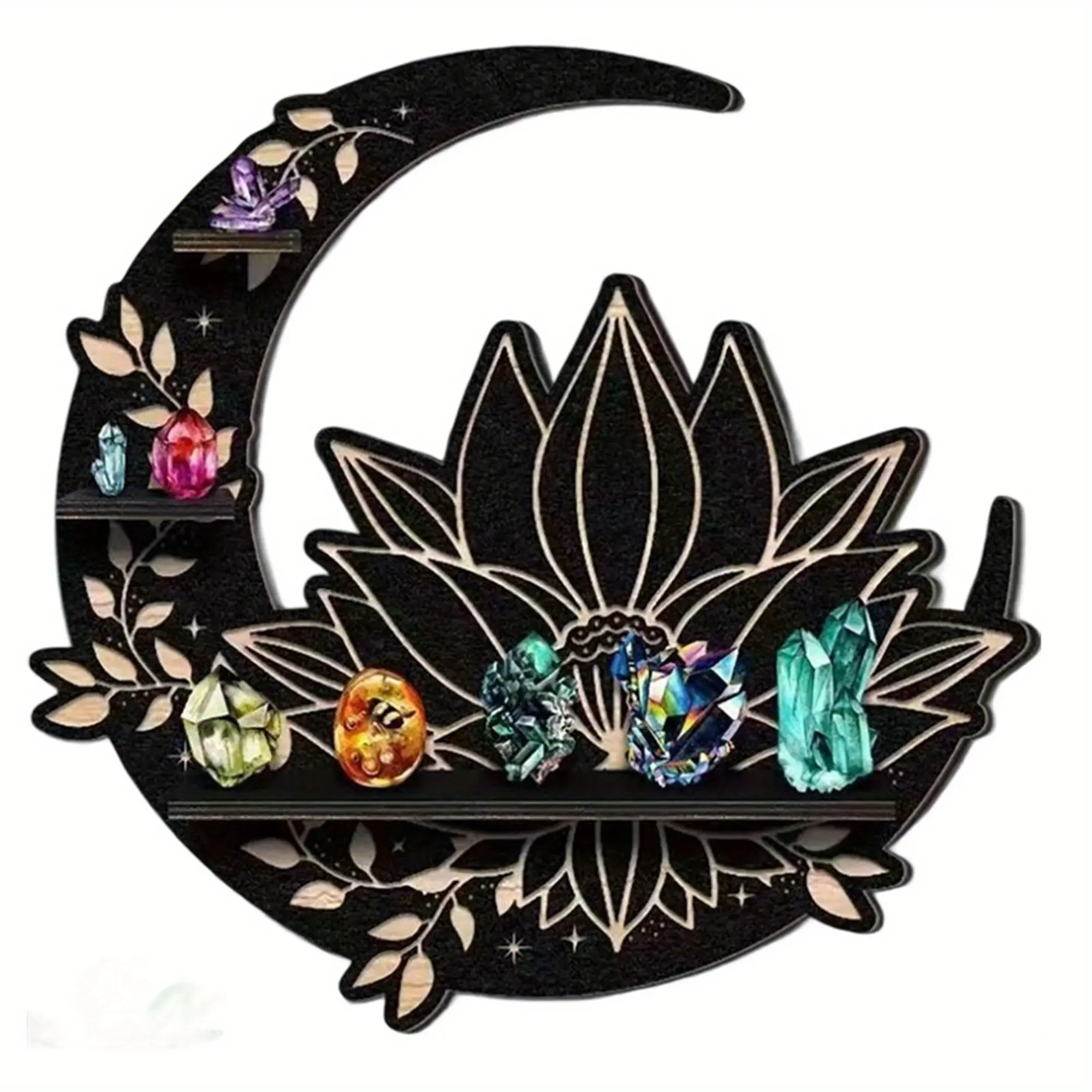 Lily Moon Wooden Shelf Home Decor, Room Decor, Decorating, Wall Mount Organizer, Suitable for Aromatherapy Candles, Crystal Display, Small Item Storage, Elegant Wood Design, Three Tier Design, Wooden Wall Rack