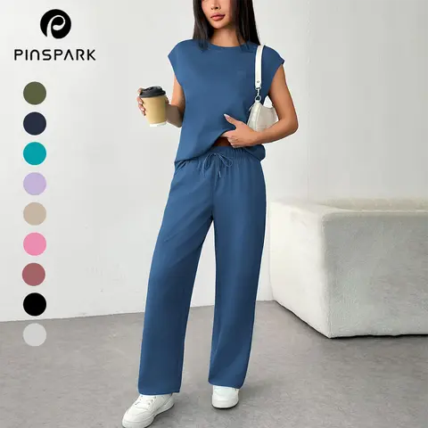 Pinspark Women's Fitted 2-Pieces Basic Breathable Rayon Casual Suit - Round Air Layer Cap Sleeve Top, Cropped Wide-Leg Drawstring Lace-Up Pocket Bottoms for Everyday Wear & Chic Sports