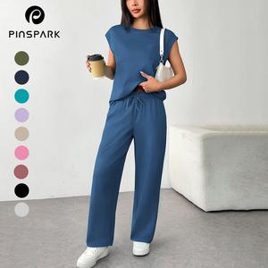 Pinspark Women's Summer Casual Suit Wide-legged Pants Loose Fit Machine Washable Air Layer Fabric Cap Sleeve Top & Cropped Wide-Leg Pants Set Clothes Womenswear Adjustable Pocket summerwins