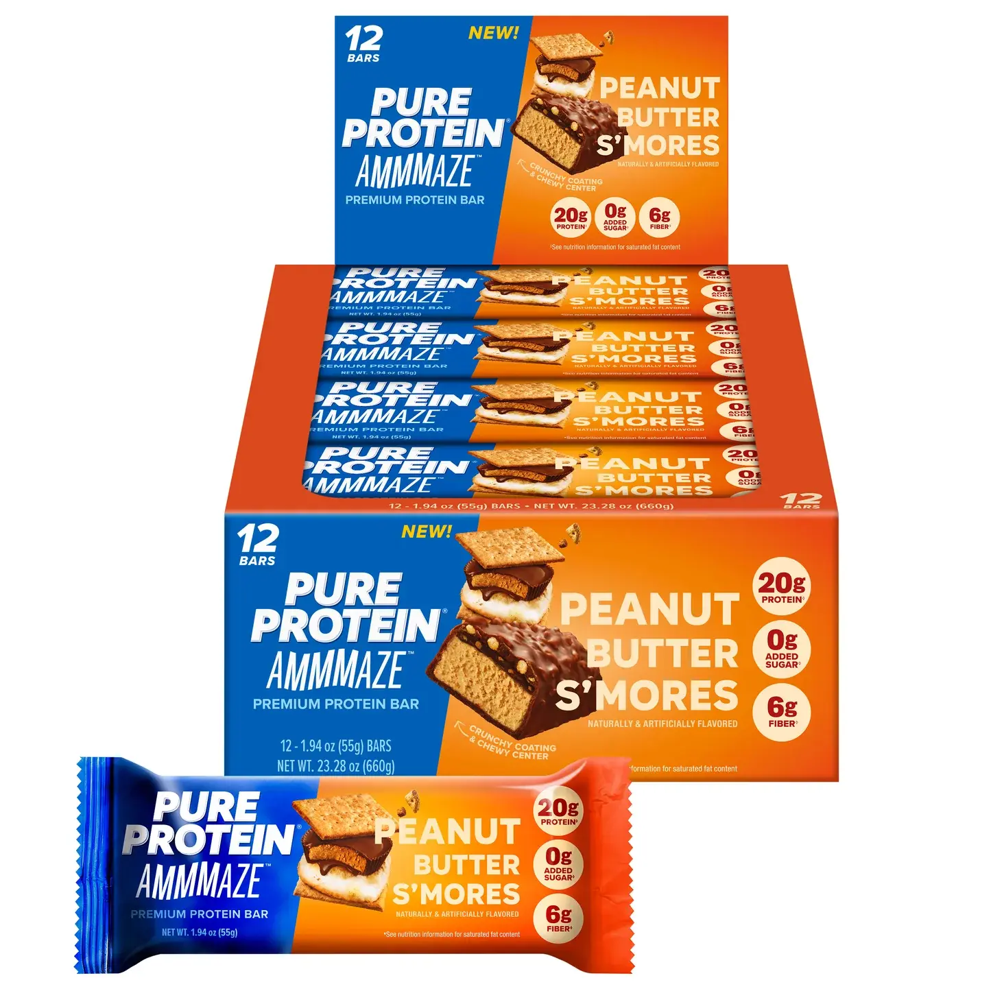 Pure Protein AMMMAZE PB S'mores Protein Bars (12 ct) 20g High Protein, No Added Sugar, 6g Fiber - Peanut Butter S'mores Meal Replacement Bar - On the Go Snacks