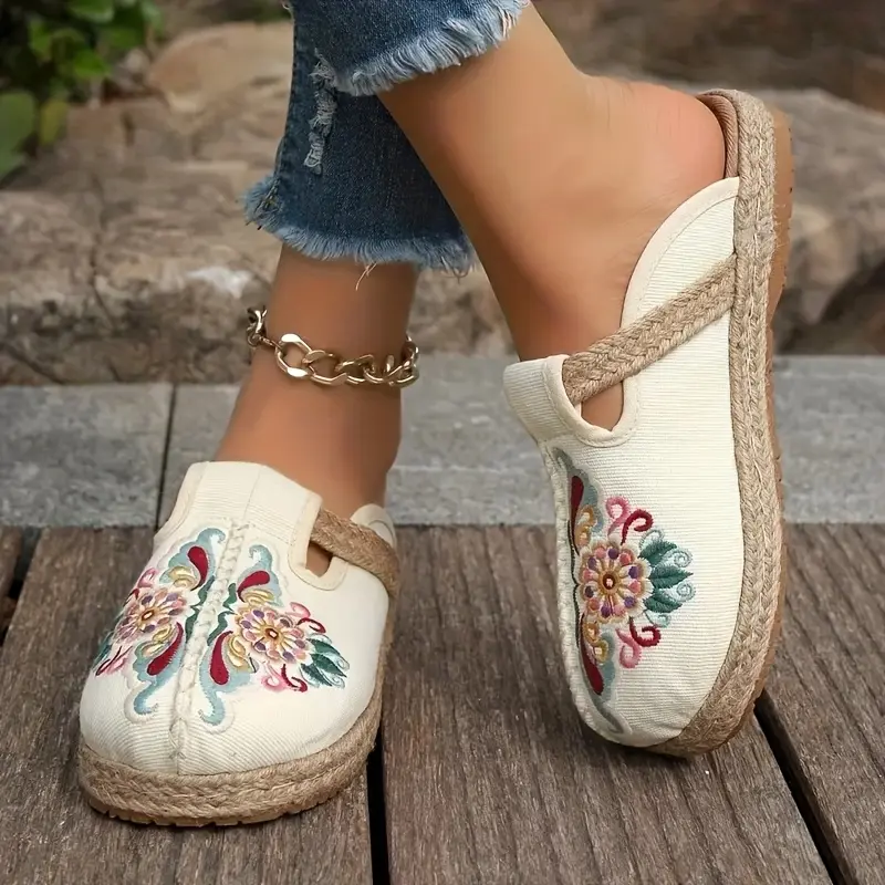 Women'S Tribal Style Slip-On Moccasins with Vibrant Floral Embroidery - Soft Fabric Upper, Flat Rubber Sole, All-Season Comfort Shoes, Casual Footwear | Tribal Style | Rubber Sole Shoes